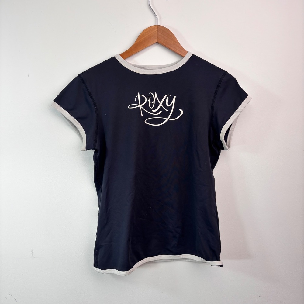 Y2K Roxy Paradise Surf Rash Guard Tee Navy White Skater Surfer Shirt Size S/M